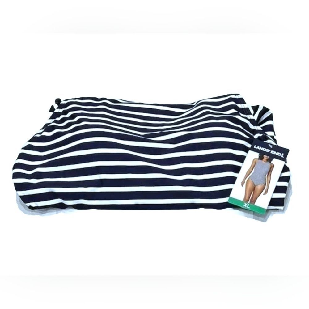 Lands End Navy Stripe High Neck UPF 50 Open Back Keyhole 1pc Swimsuit Women's S - Picture 6 of 10